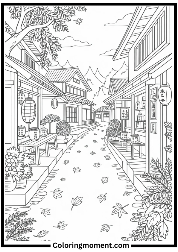 Autumn Japanese Village Coloring Page
