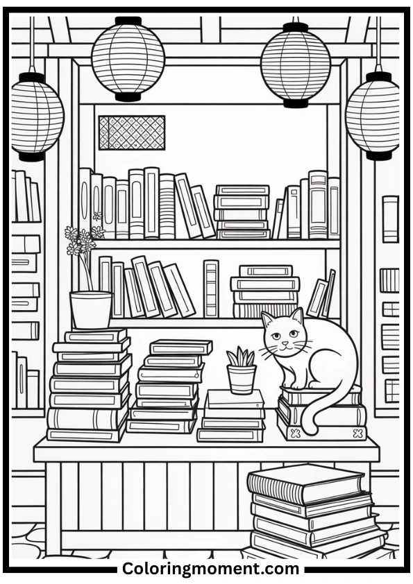 Cozy Japanese Bookstore Coloring Page
