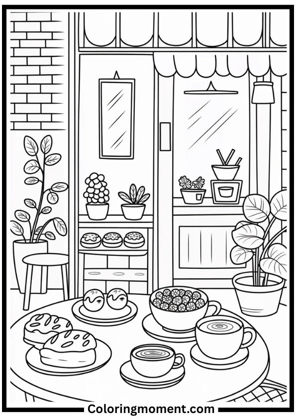 Cozy Japanese Café Coloring Page