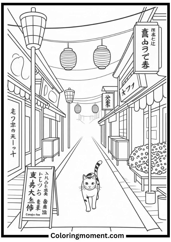 Cozy Japanese Night Street Coloring Page