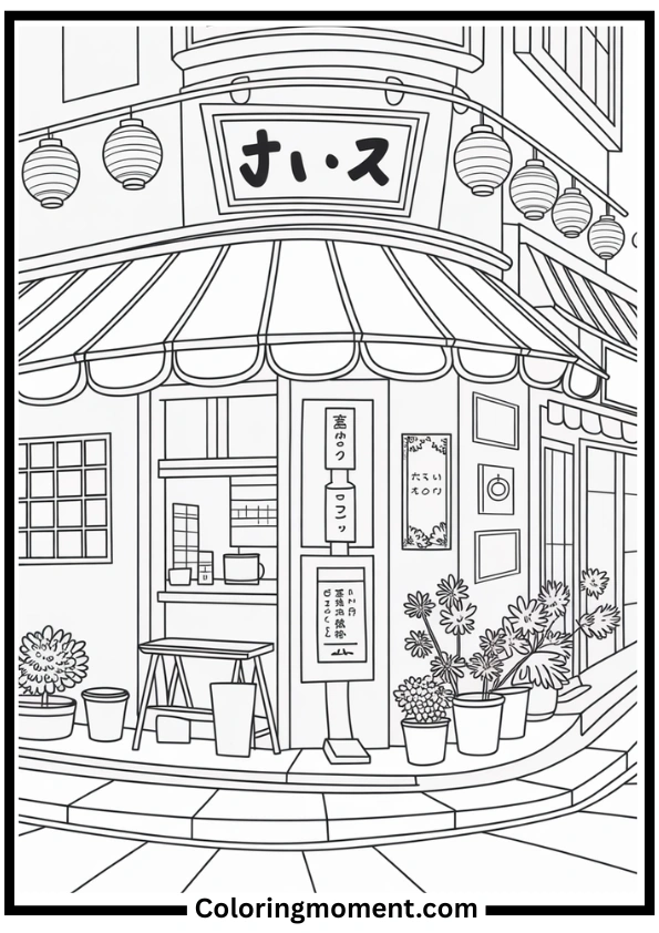 Cozy Japanese Street Corner Coloring Page