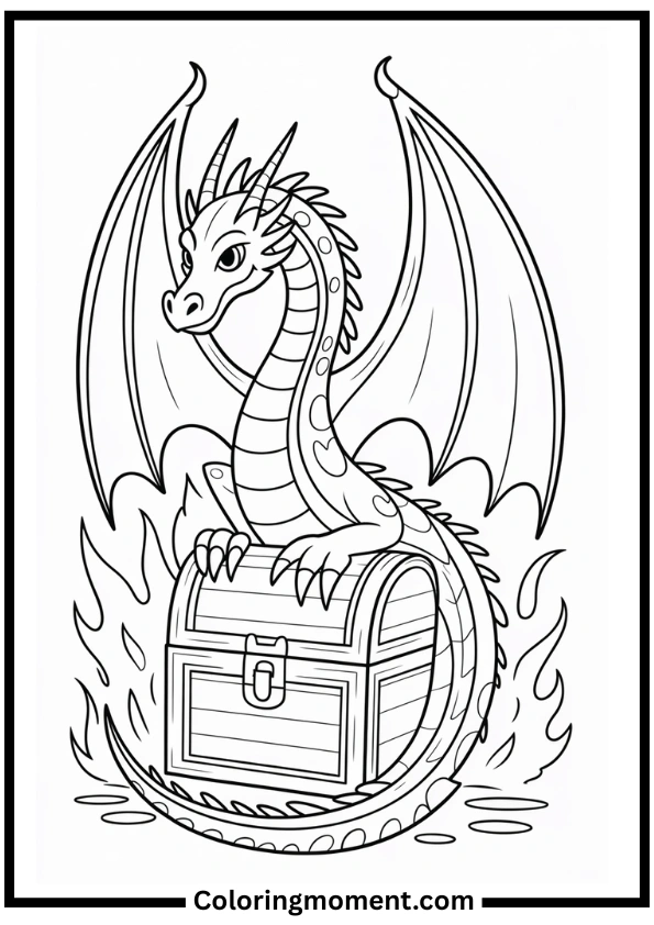 Dragon with Treasure Adult Coloring Page