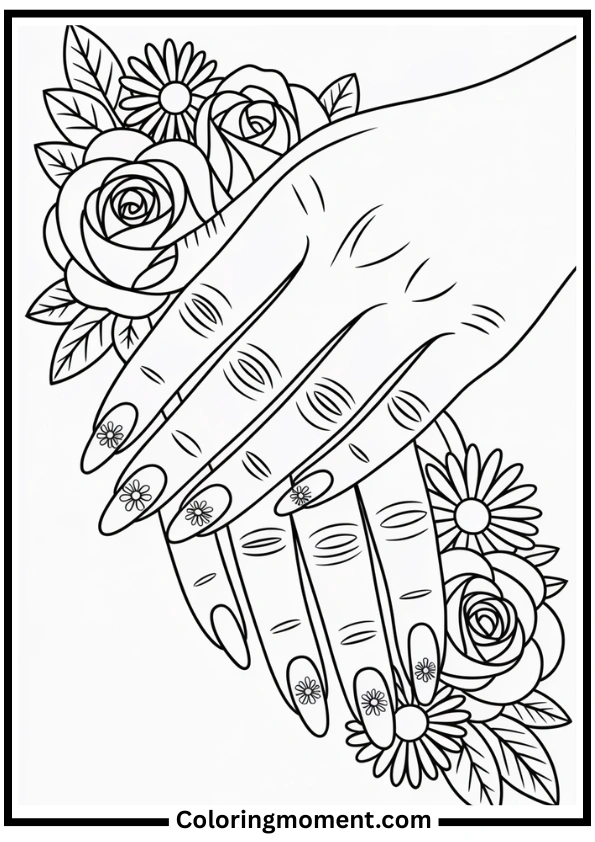 Floral Nail Art Coloring Page