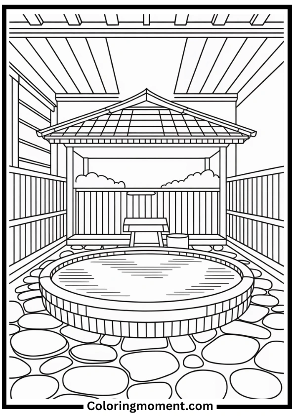 Japanese Bathhouse Onsen Coloring Page