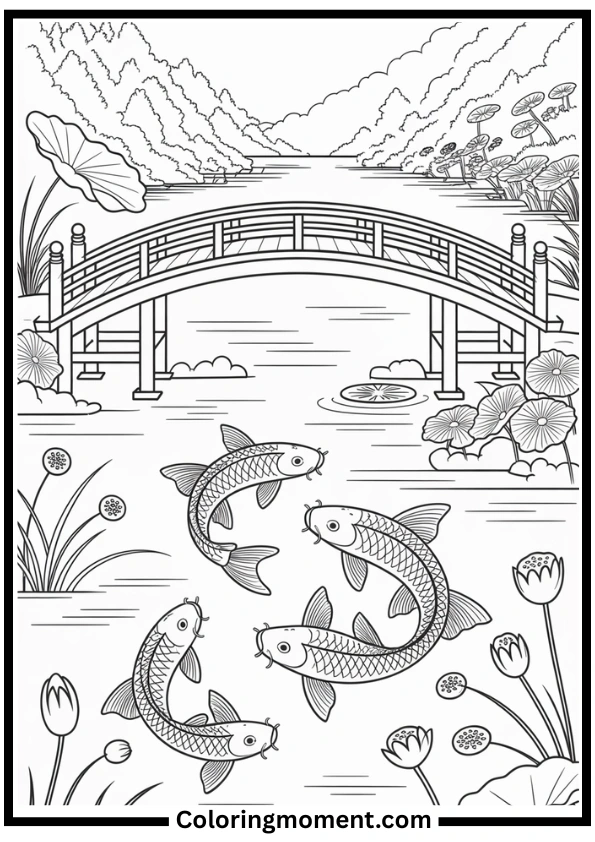 Japanese Bridge over Koi Pond Coloring Page