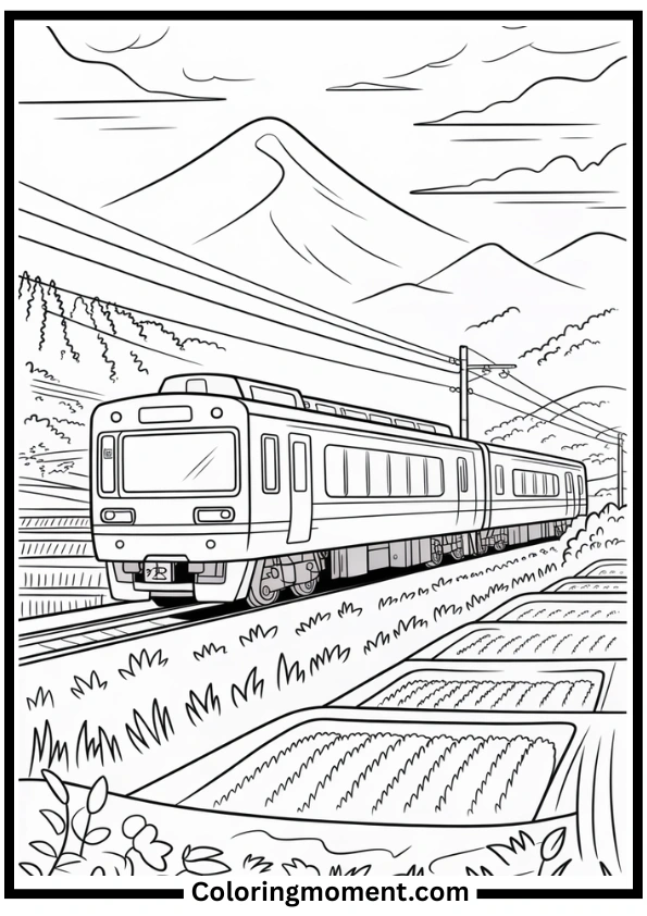 Japanese Countryside Train Coloring Page