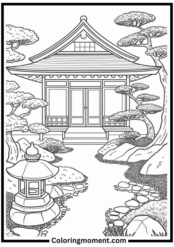 Japanese Garden with Bonsai Coloring Page