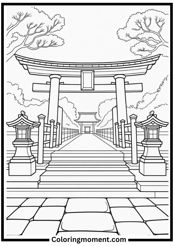 Japanese Shrine with Torii Gate Coloring Page