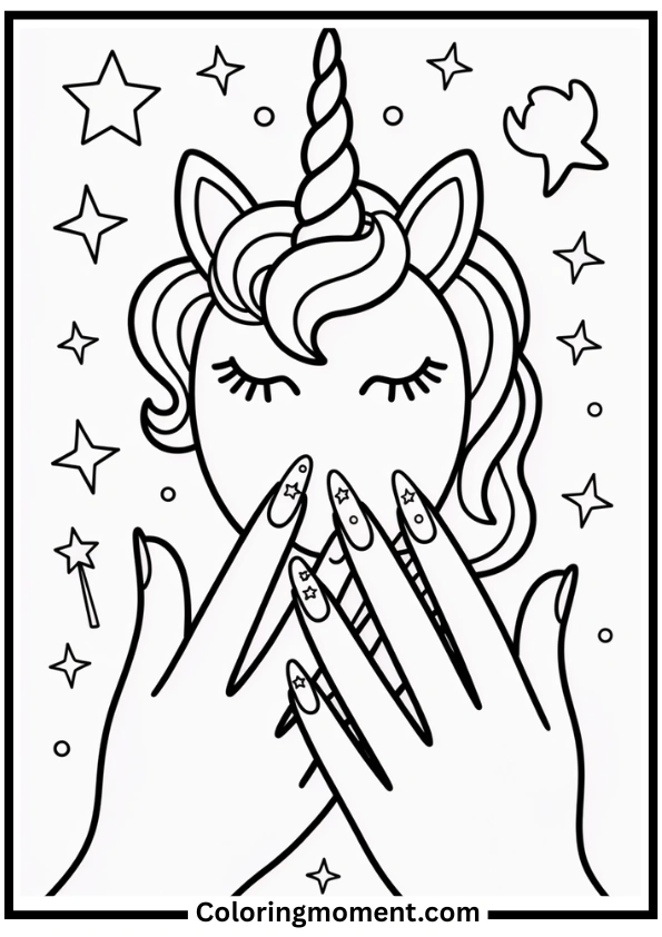 Magical Unicorn Nails Coloring Page