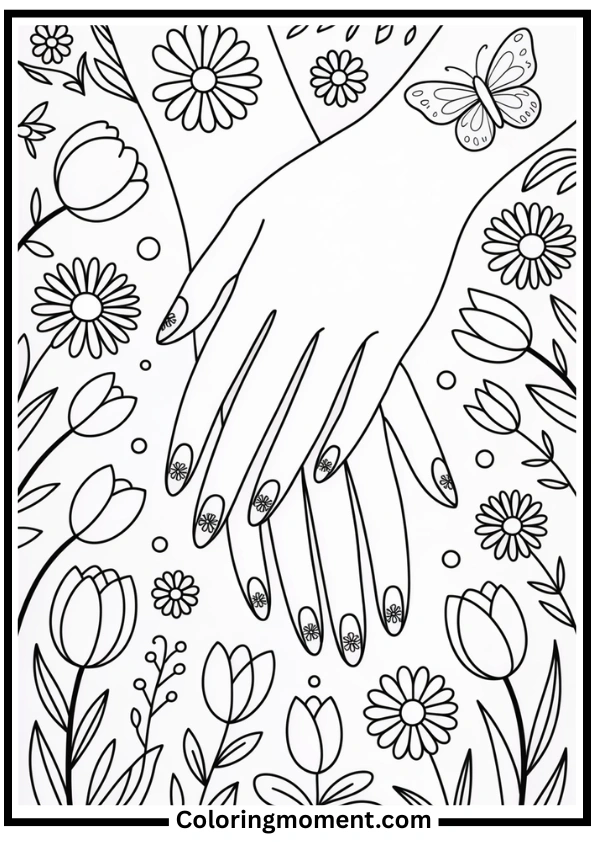 Spring Floral Nails Coloring Page