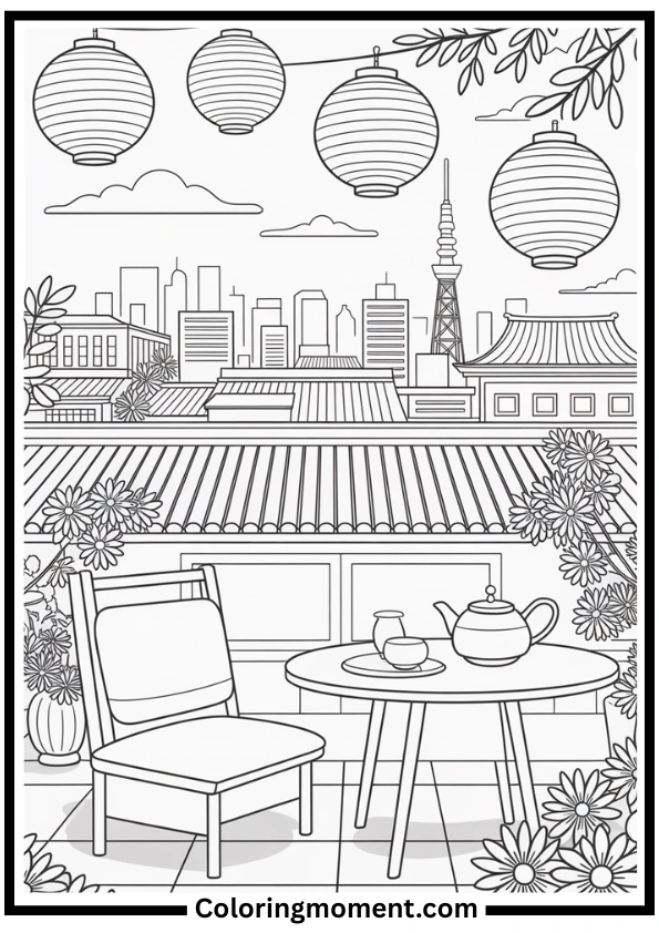Tokyo Rooftop View Coloring Page