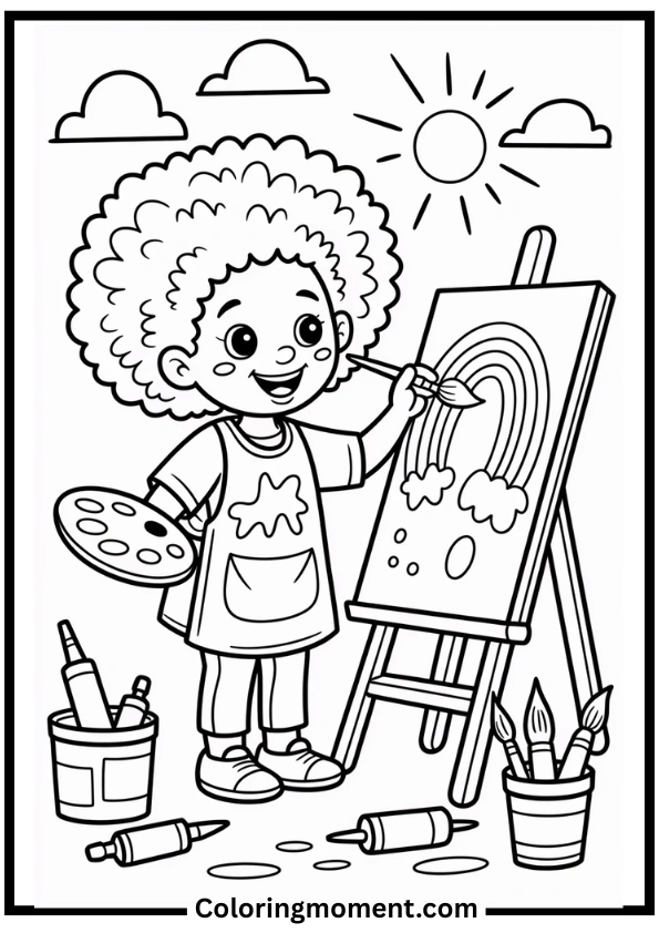 Afro Artist Painting Rainbow Coloring Page