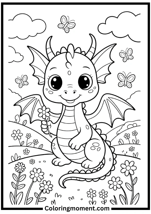 Baby Dragon in a Meadow Coloring Pages