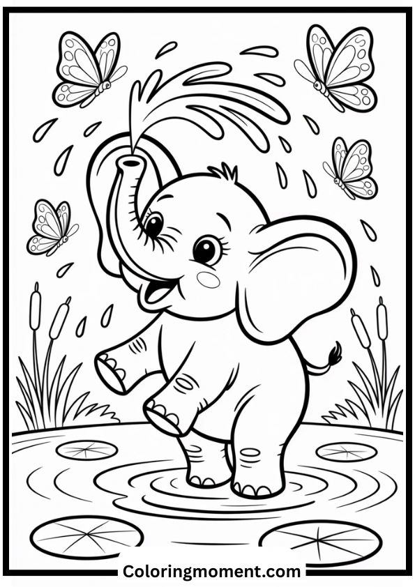 Baby Elephant with Butterflies Coloring Page