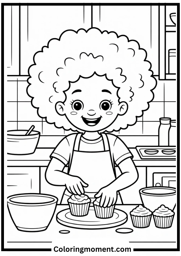 Baking Sweet Cupcakes Black Girl Coloring Page