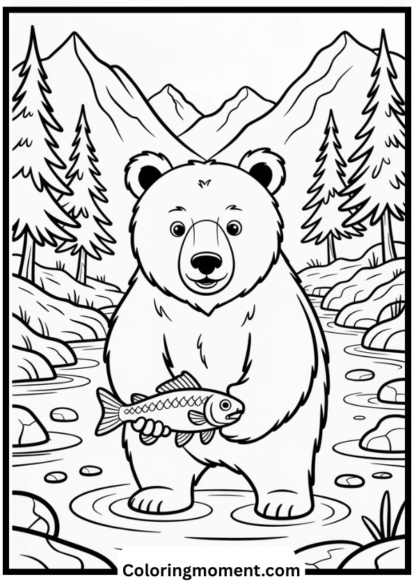 Bear Fishing in a River Coloring Page