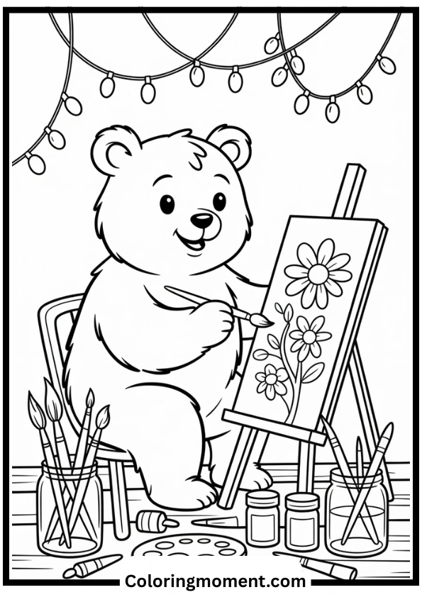 Bear’s Cozy Painting Studio Coloring Page
