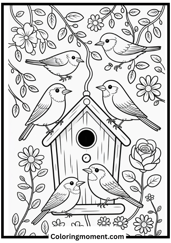 Birds in a Garden Birdhouse Coloring Page