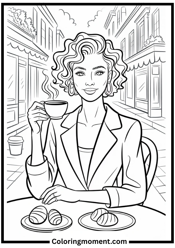 Black Girl Drinking Coffee in Café Coloring Page