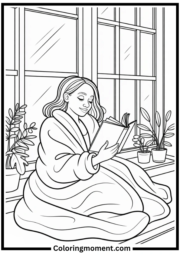 Black Girl Reading Book by Window Coloring Page