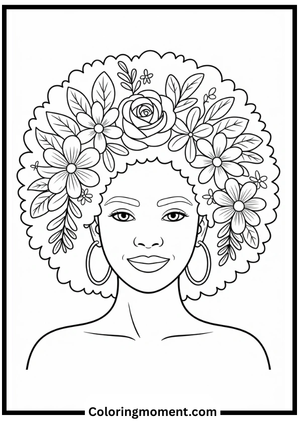 Black Girl with Afro and Flowers Coloring Page