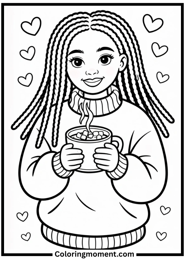 Braided Beauty Hot Cocoa Black Girl Coloring Page