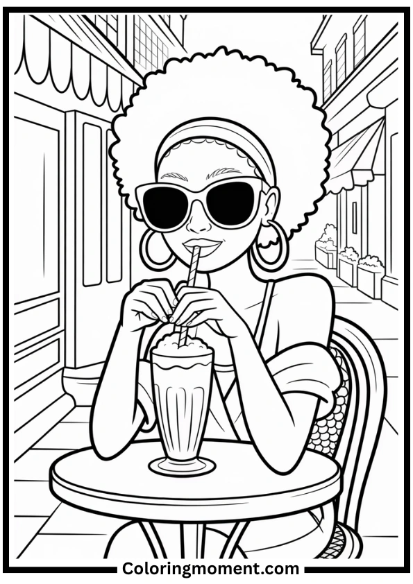 Café Vibes Black Girl Coloring Page