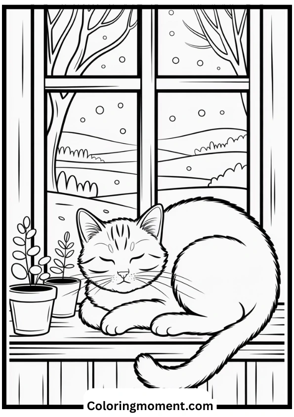 Cat Sleeping by the Window Coloring Page