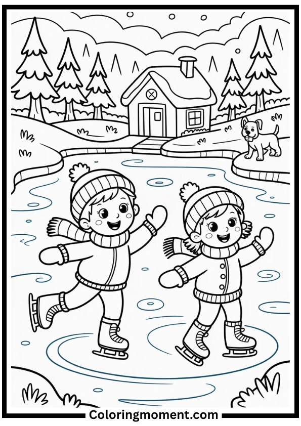 Children Ice Skating on Frozen Lake Coloring Page
