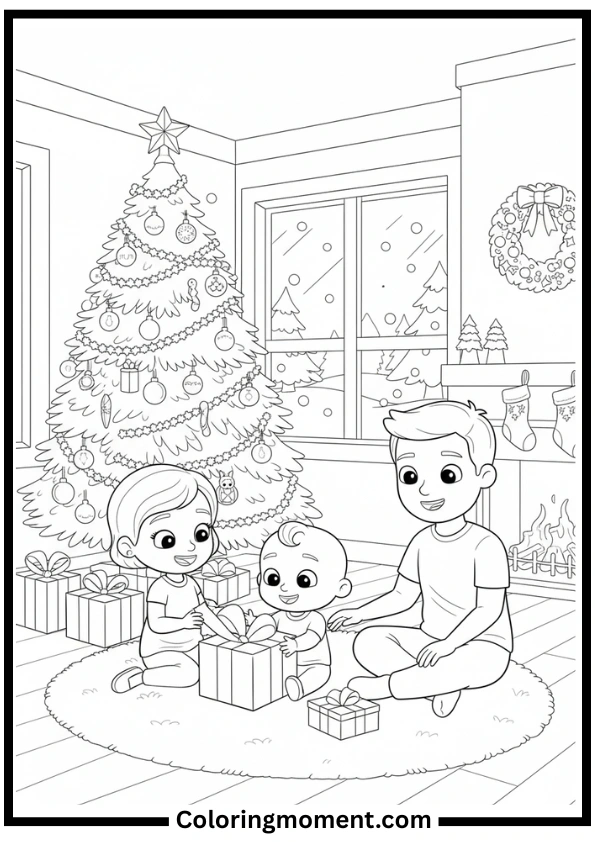 Cocomelon Family Christmas Morning Coloring Page