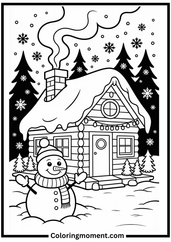 Cozy Cabin in December Coloring Pages