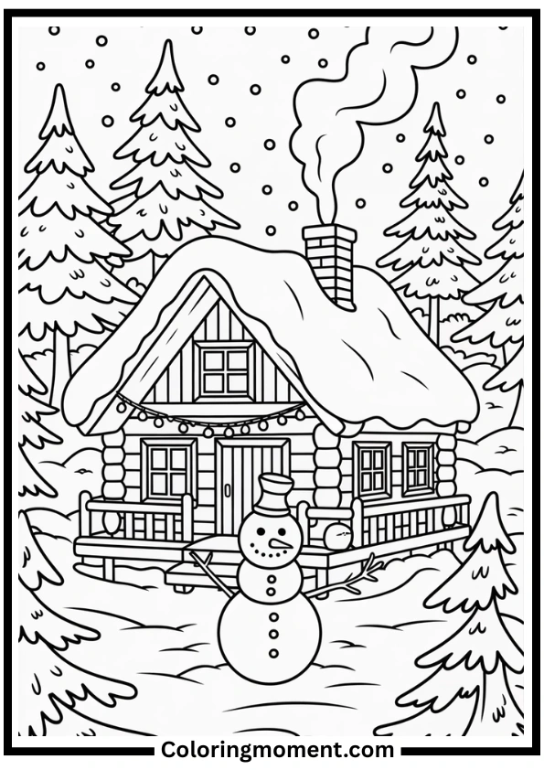 Cozy Cabin in the Snow Coloring Page