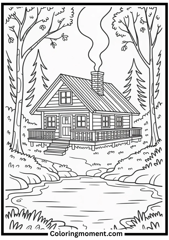 Cozy Cabin in the Woods Coloring Page