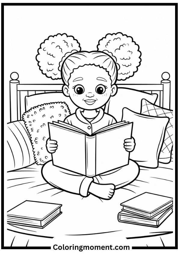 Cozy Reading Time Black Girl Coloring Page