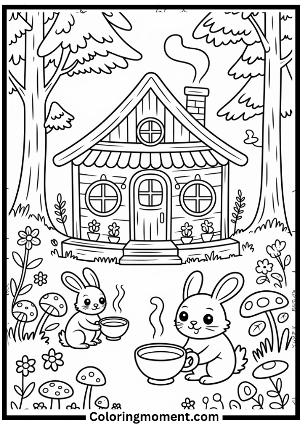 Cozy Tea Shop in the Woods Coloring Page