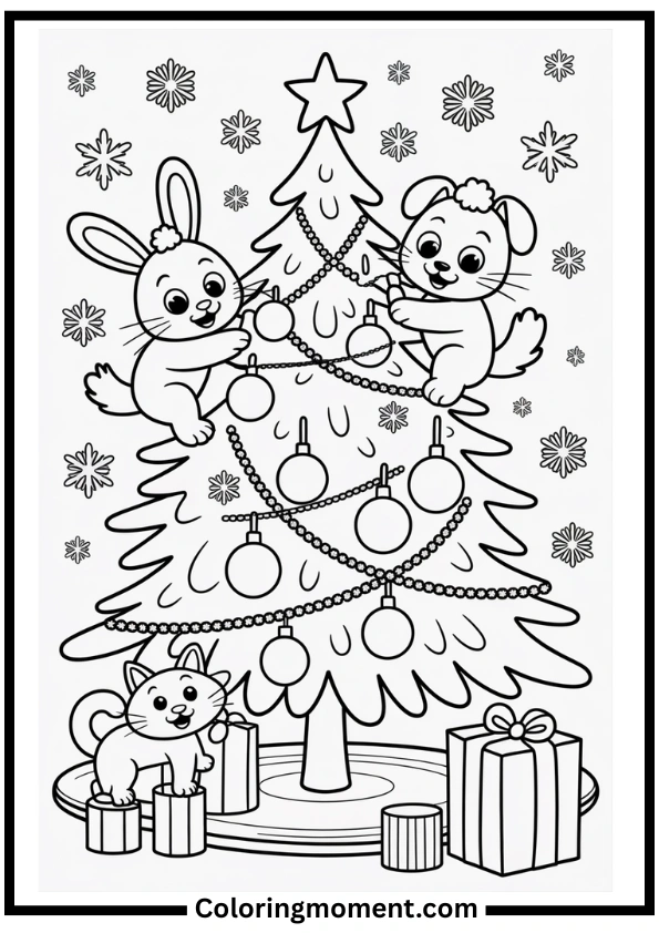 Cute Animals Decorating Christmas Tree Coloring Page