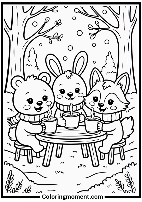 Cute Animals Drinking Hot Cocoa Coloring Page