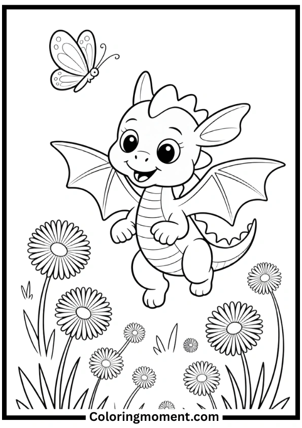 Cute Baby Dragon and Butterfly Coloring Pages
