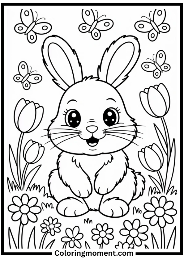 Cute Bunny with Flowers Coloring Page