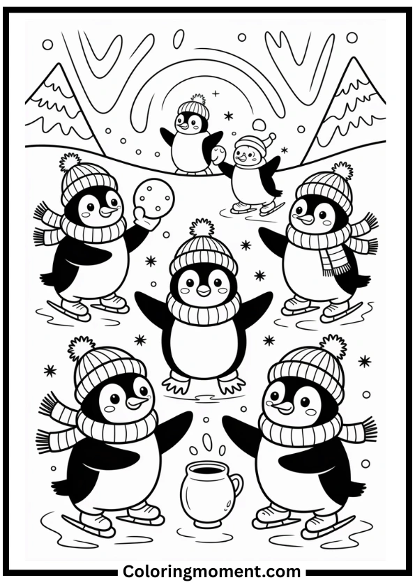 Cute December Penguin Party Coloring Pages