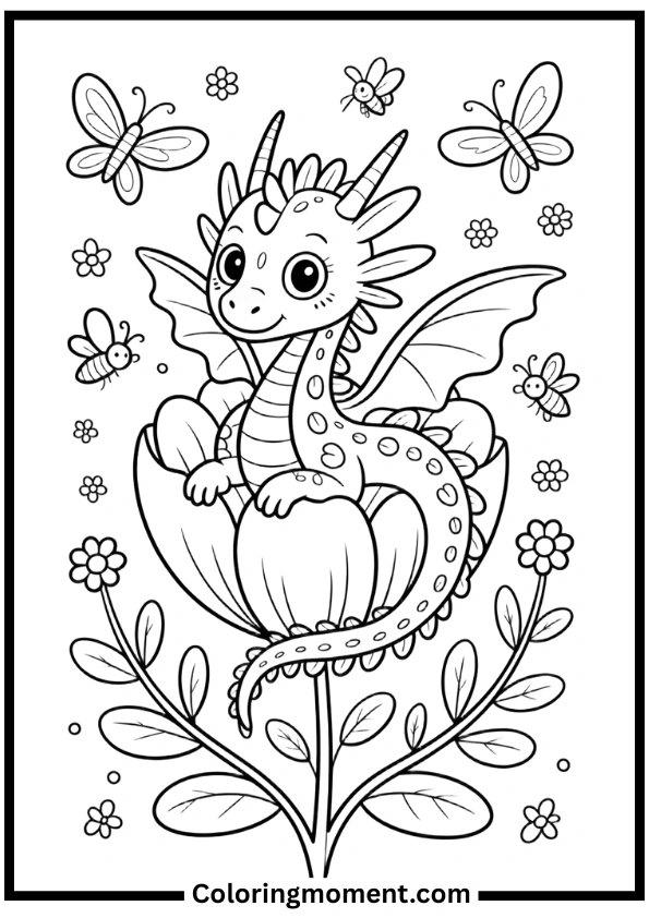 Cute Flower Dragon Coloring Pages