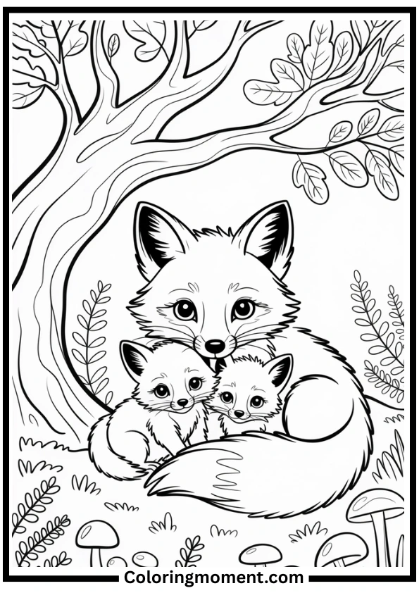 Cute Fox Family in the Forest Coloring Page
