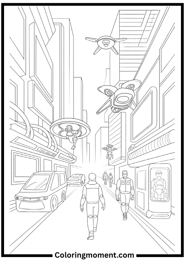 Cyberpunk City Streets Coloring Pages