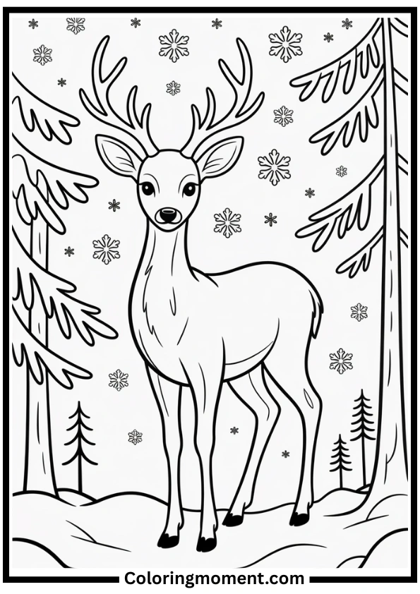 Deer in a Winter Forest Coloring Page