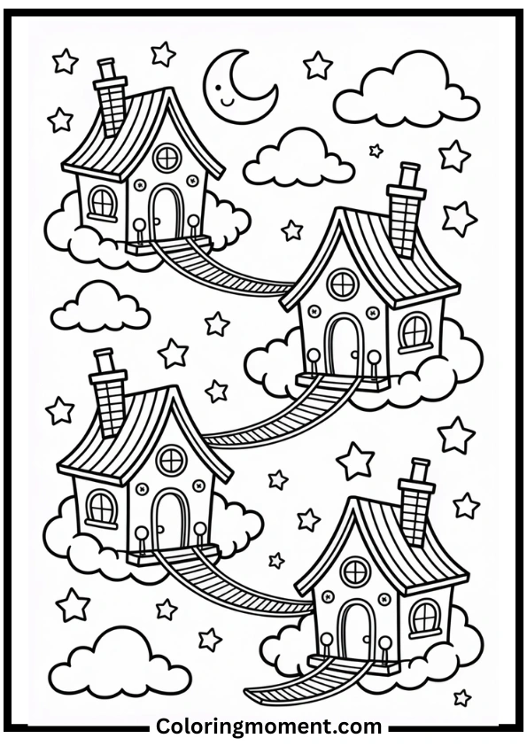 Floating Houses in the Clouds Coloring Page