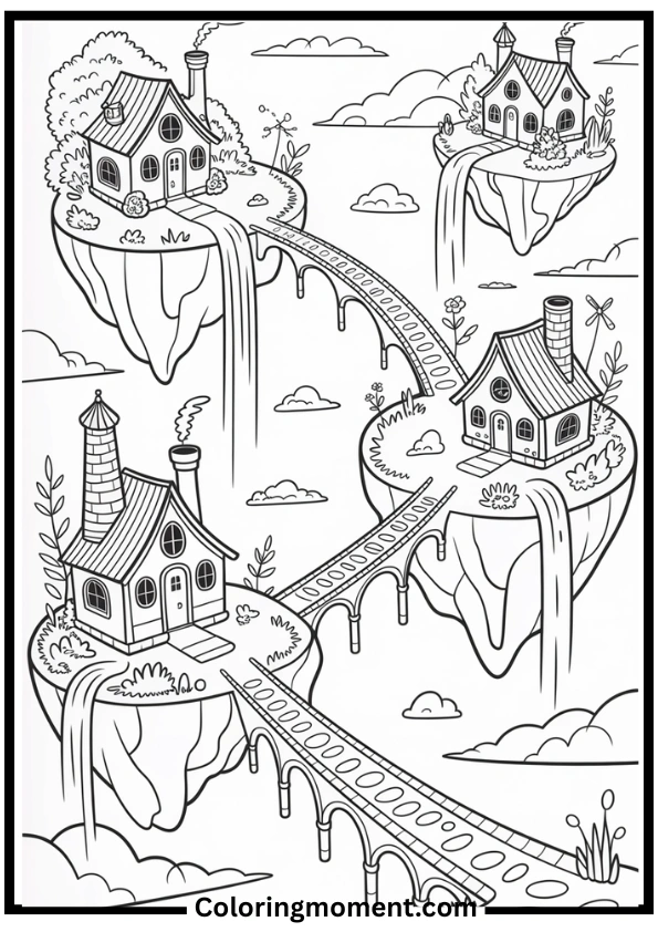 Floating Islands with Waterfalls Coloring Page