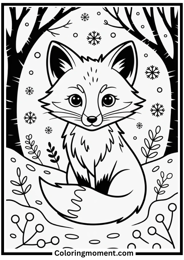 Fox in the Snow Forest Coloring Page