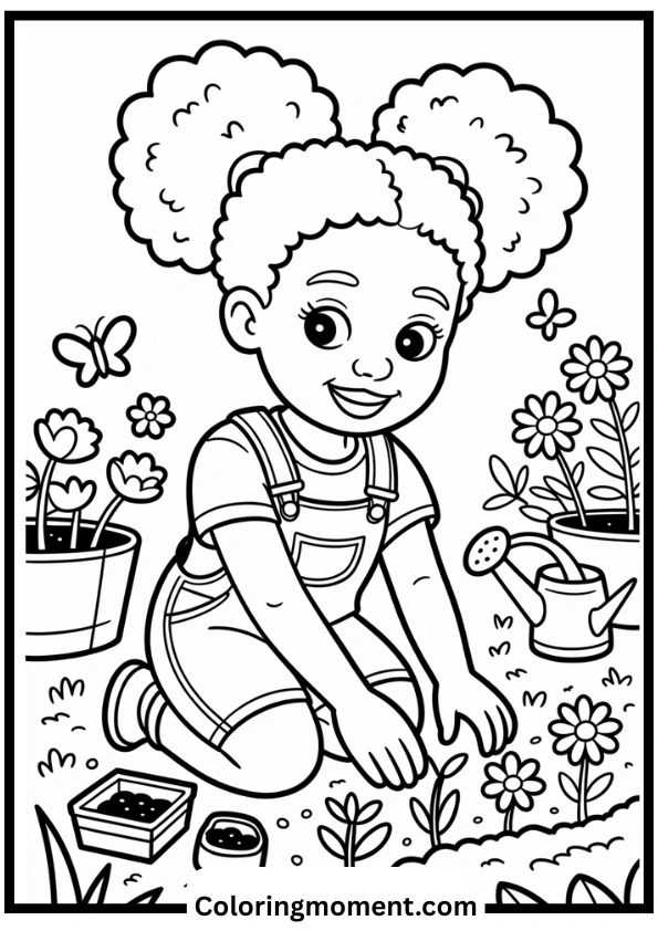 Garden Girl Black Girl Coloring Page