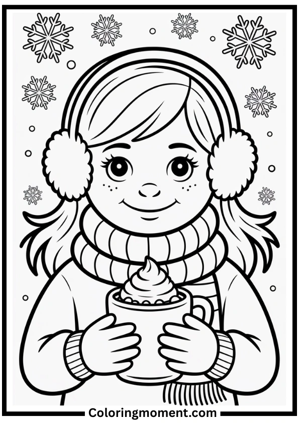 Girl with Scarf and Hot Chocolate Coloring Page