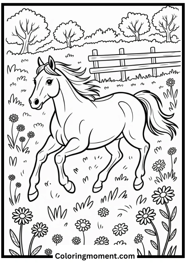 Horse Running in a Meadow Coloring Page